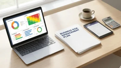 Small business risk management plan document on professional desk with laptop dashboard and financial analysis tools