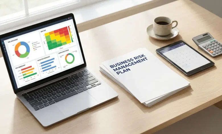 Small business risk management plan document on professional desk with laptop dashboard and financial analysis tools