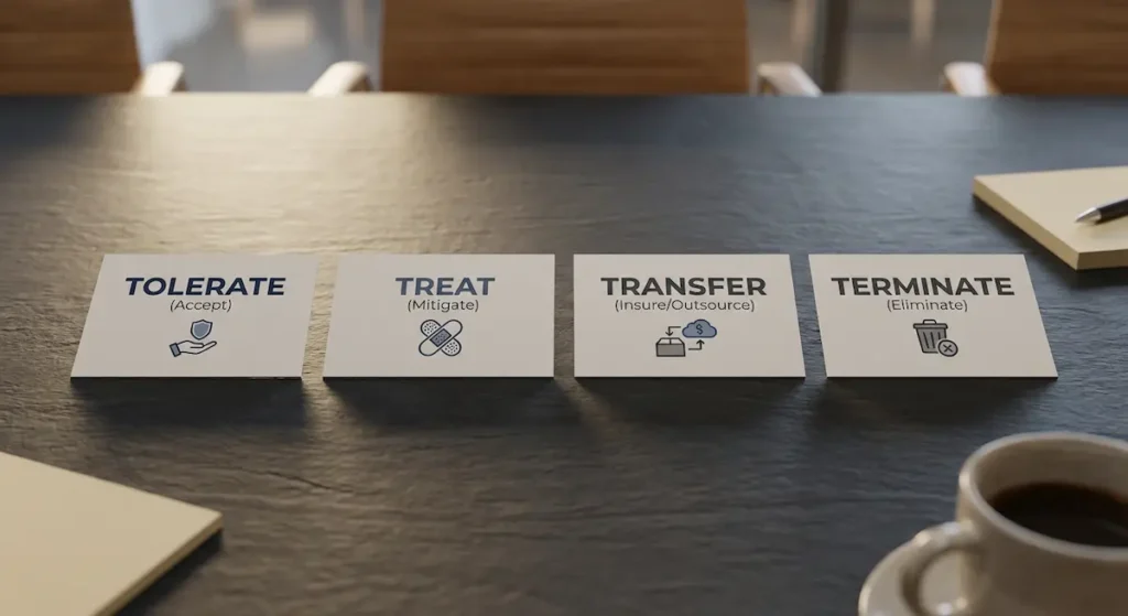 Four T's of risk mitigation strategy cards showing Tolerate, Treat, Transfer, and Terminate options for small business risk management