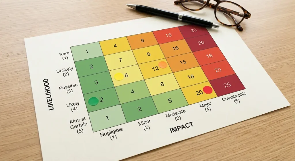Risk assessment matrix showing likelihood versus impact scoring grid with color-coded risk levels and plotted business risks for small business evaluation