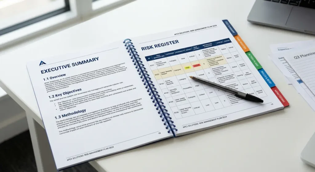 Open small business risk management document showing organized sections including executive summary, risk register, action plans, and responsibility assignments