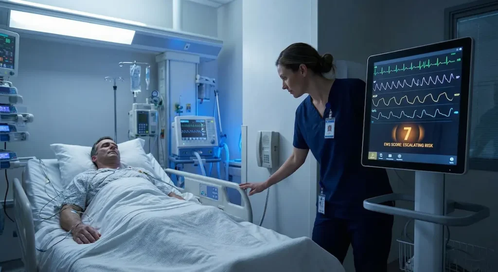 ICU nurse responding to an early warning score alert on a bedside physiological monitor showing elevated patient risk