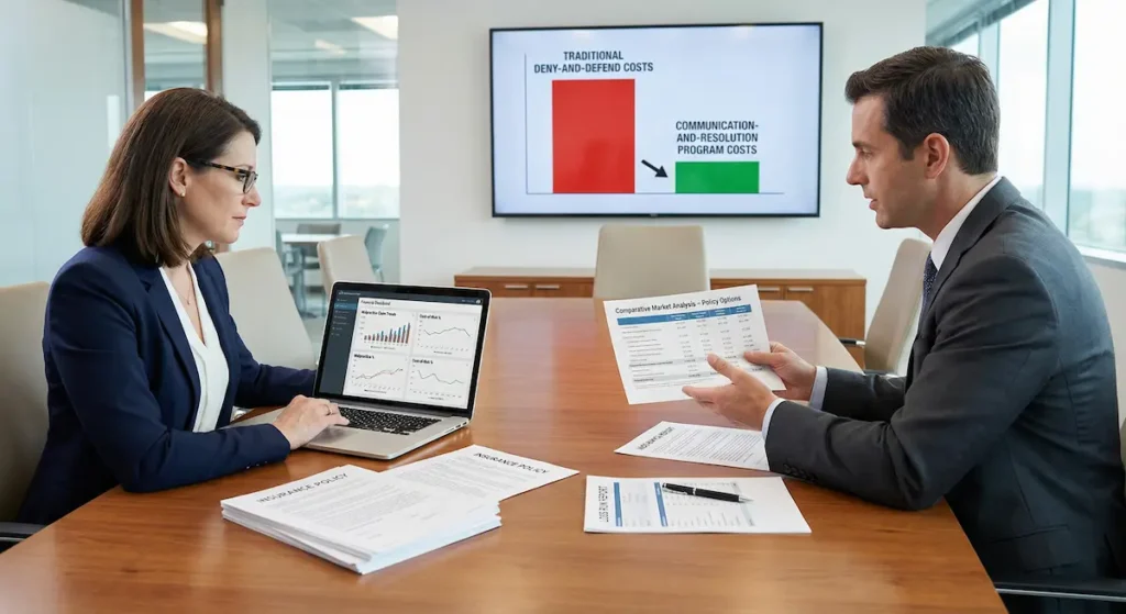 Hospital administrator and insurance broker reviewing malpractice policy options with a cost comparison chart showing savings from communication-and-resolution programs