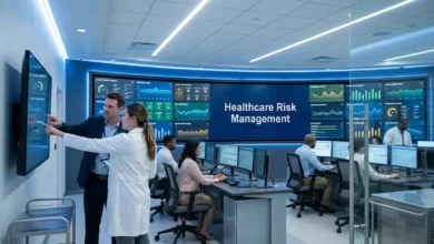 Modern hospital command center with digital dashboard displaying healthcare risk management metrics and two administrators reviewing data