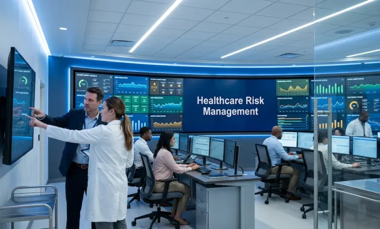 Modern hospital command center with digital dashboard displaying healthcare risk management metrics and two administrators reviewing data
