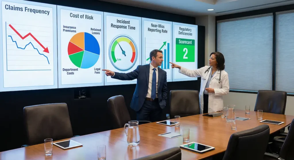 Hospital boardroom with CFO and CMO reviewing a digital dashboard displaying five healthcare risk management KPIs: claims frequency, cost of risk, incident response time, near-miss reporting rate, and regulatory deficiencies