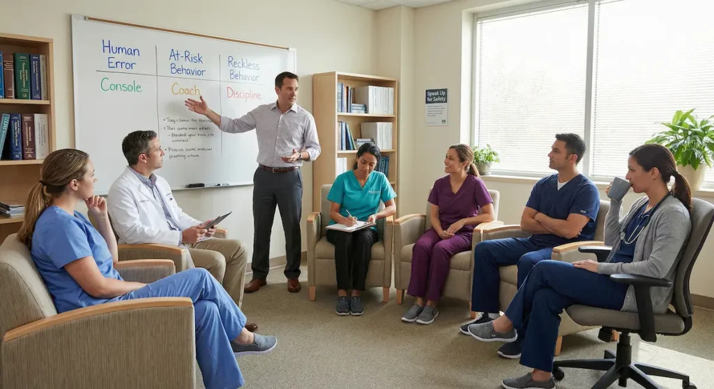 Healthcare staff debriefing session with a whiteboard showing just culture categories — Human Error Console, At-Risk Behavior Coach, Reckless Behavior Discipline — and a facilitator leading the discussion