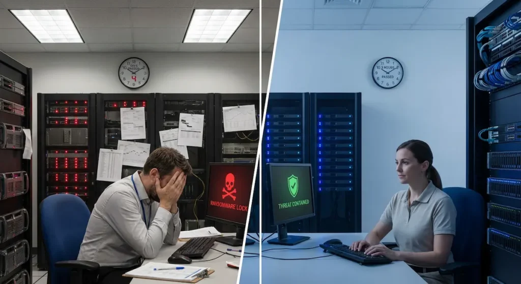 Split image comparing a chaotic ransomware attack crisis on the left with a calm, contained cybersecurity response on the right in a hospital IT environment