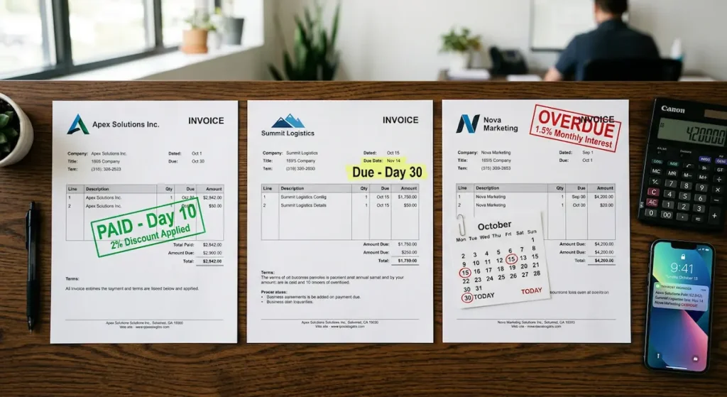 Three invoices showing early payment discount, standard terms, and late payment penalty