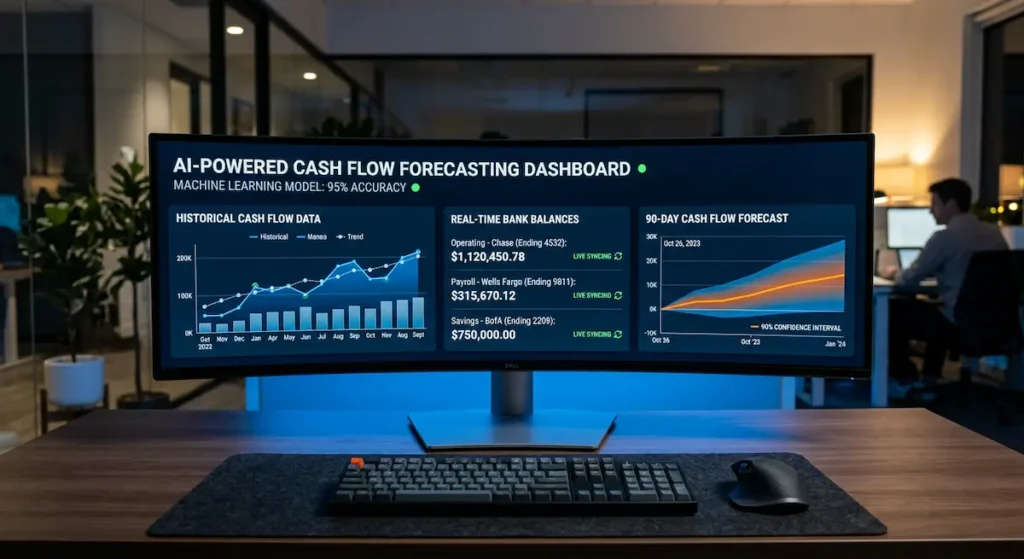 AI-powered cash flow forecasting dashboard showing real-time data integration