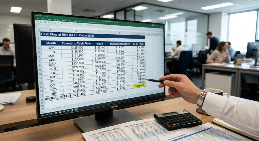 Computer screen showing Cash Flow at Risk calculation with highlighted result