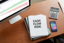 Executive desk with cash flow risk management documents and financial dashboard