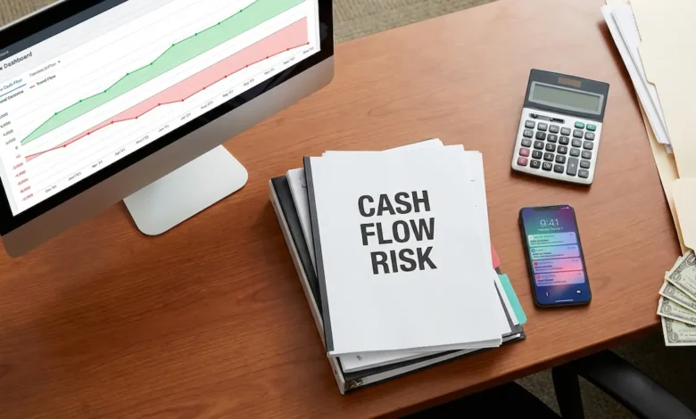 Executive desk with cash flow risk management documents and financial dashboard