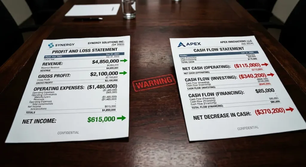 Profitable income statement contrasted with negative cash flow statement showing liquidity crisis