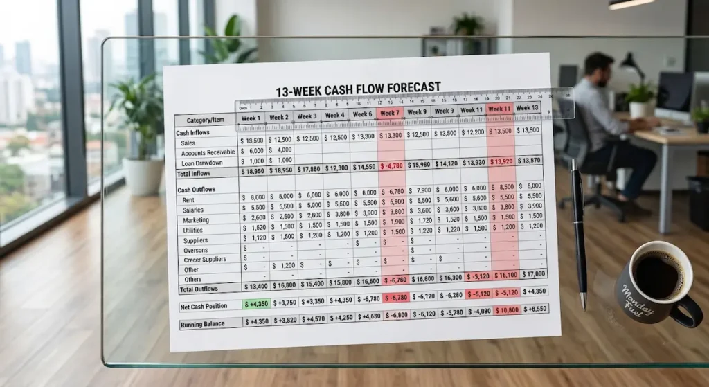 Thirteen-week rolling cash flow forecast spreadsheet with highlighted deficit weeks